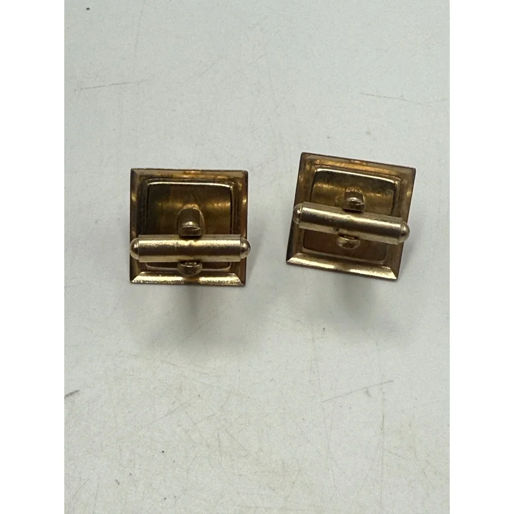 Vintage Gold Tone Square Pink White Striped Glass Geometric Cufflinks